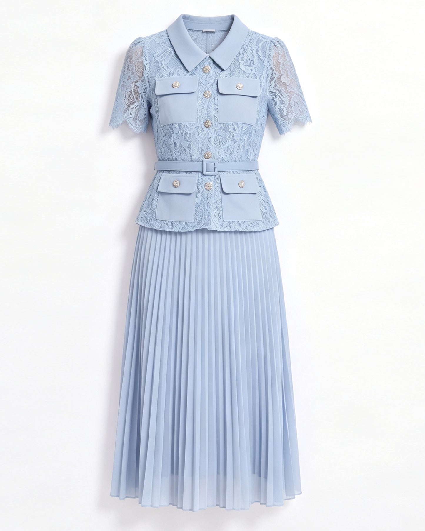 Lace Pleated Midi Dress | Elegant Collared Belted Dress for Women
