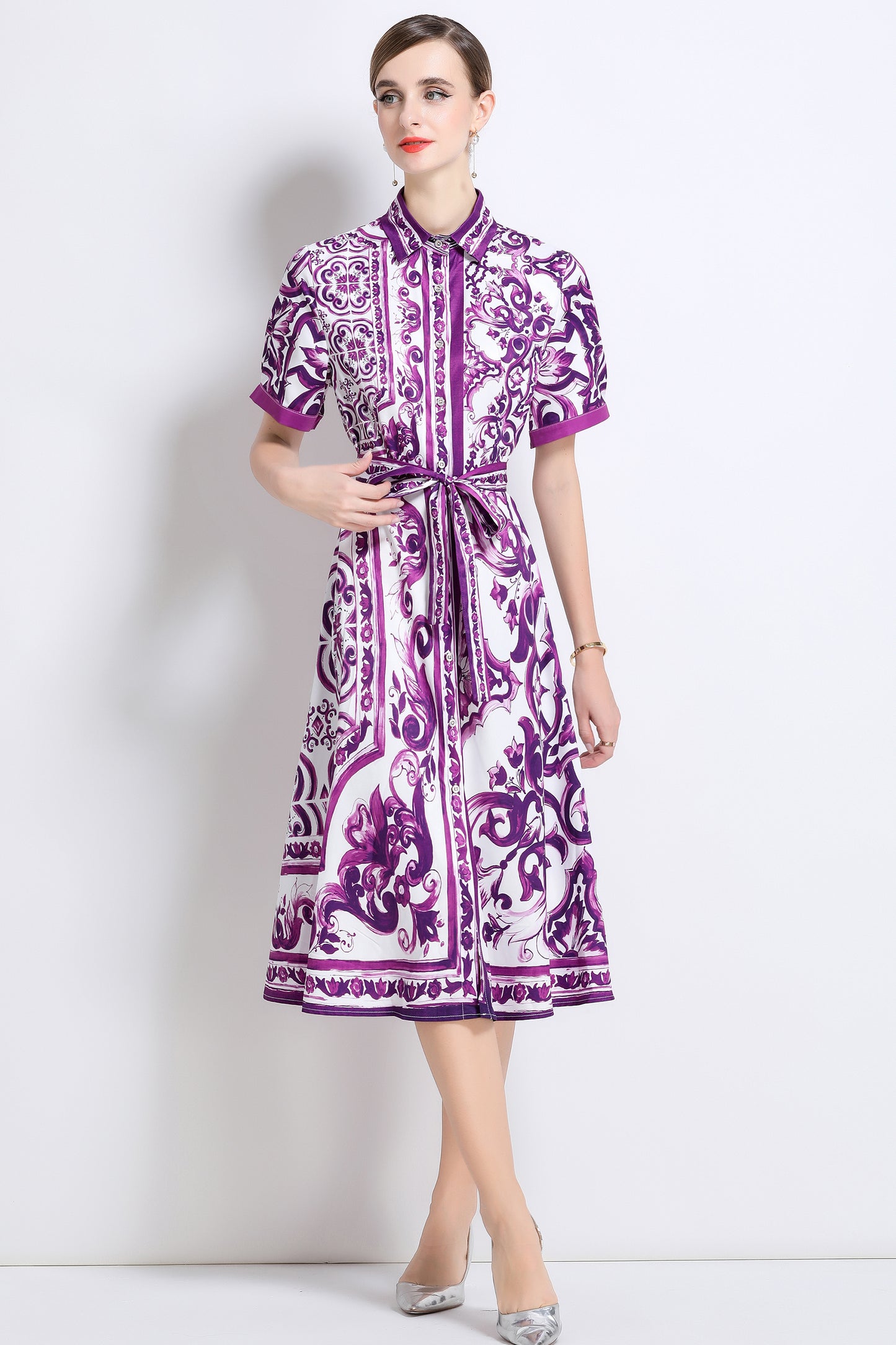 Women's Short Sleeve Button Floral Print  Midi Dress