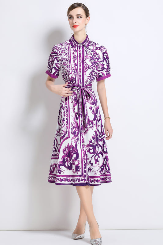 Women's Short Sleeve Button Floral Print  Midi Dress