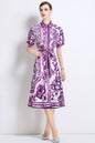 Women's Short Sleeve Button Floral Print  Midi Dress