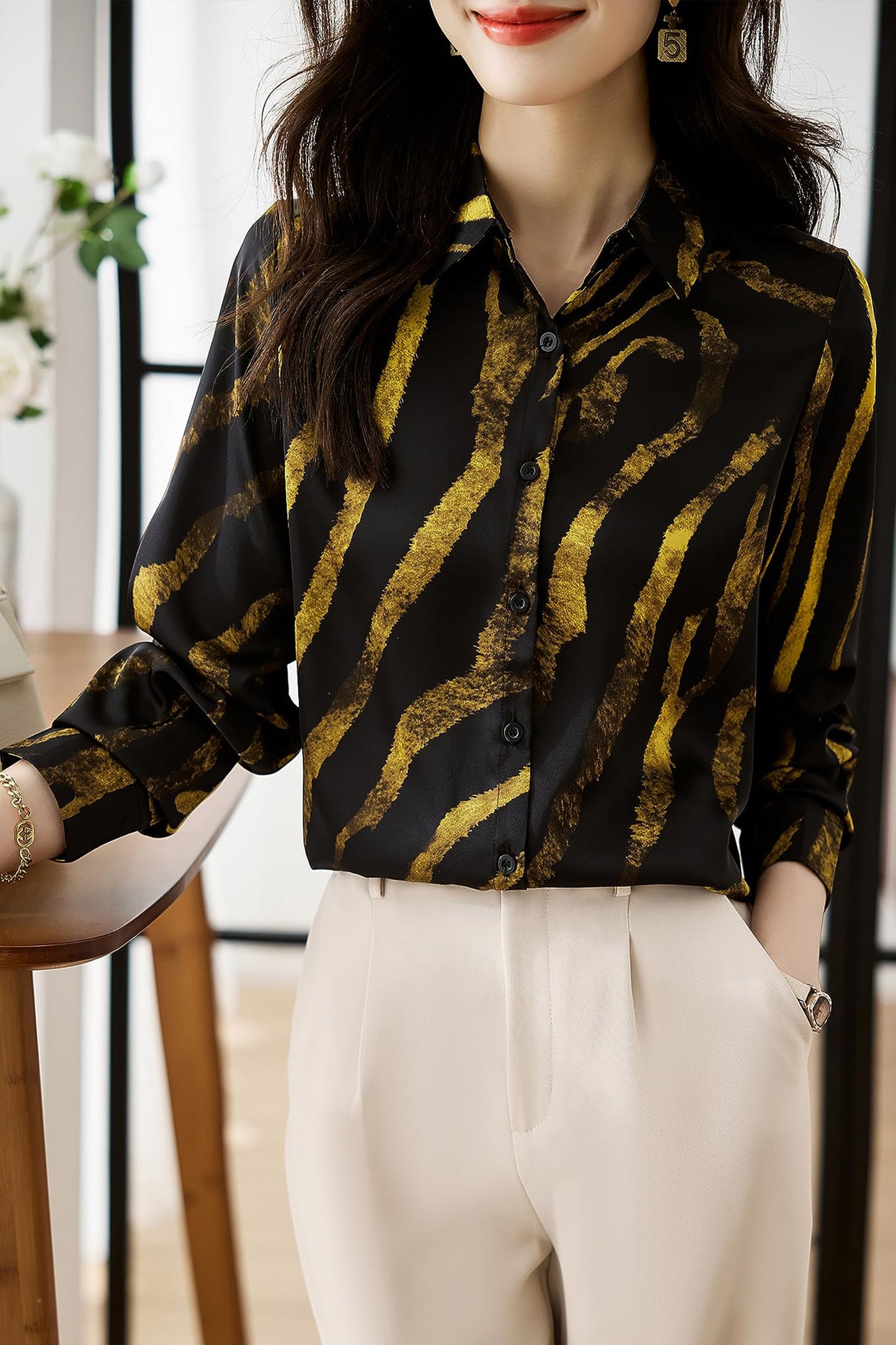 Casual Floral Print Button Collared Blouses