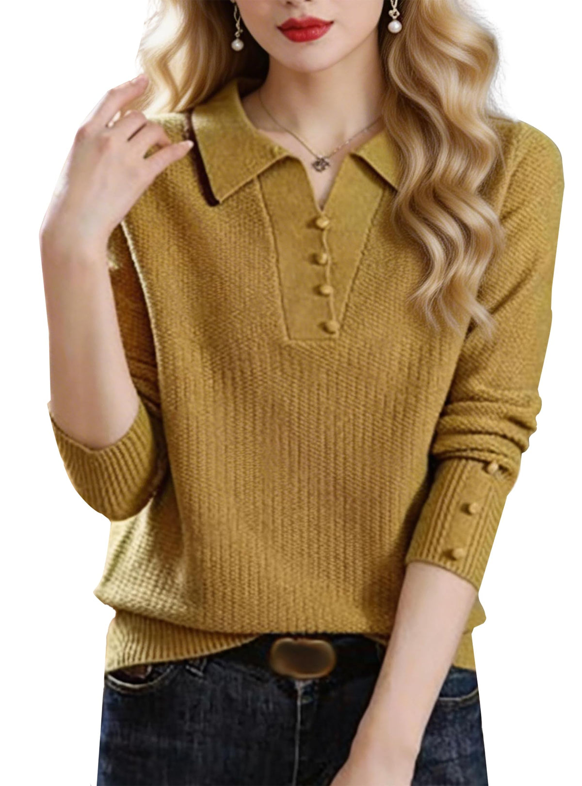 Fine-Knit Polo Top with Contrast Collar & Layered Look Sweater