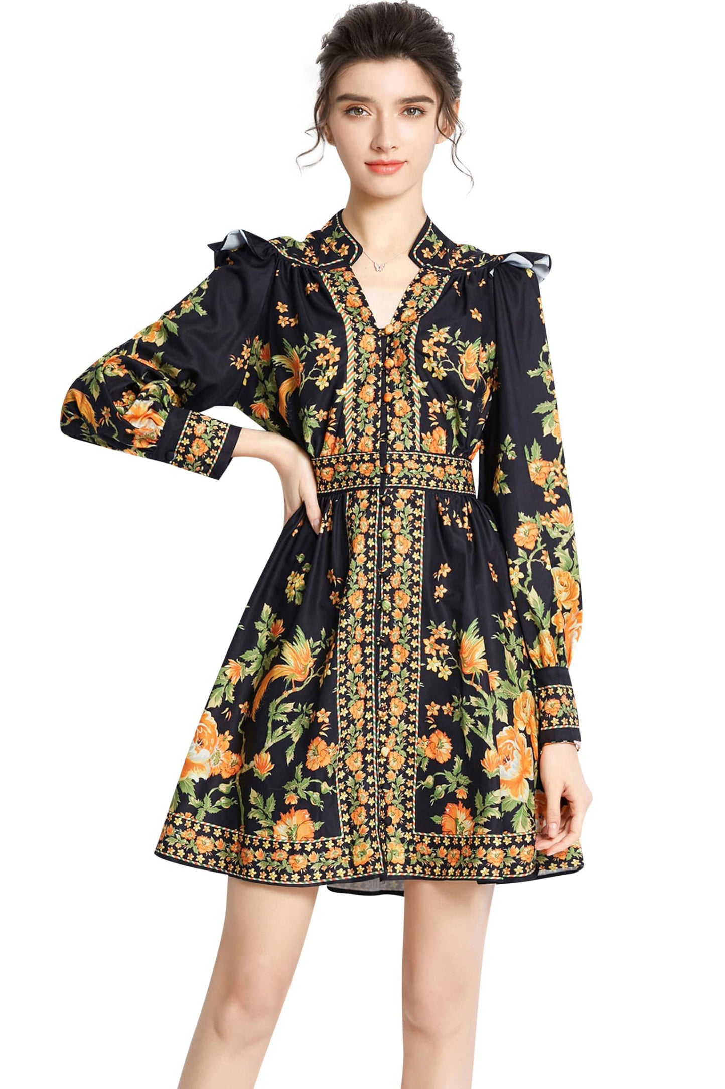 Women's Floral Print Button up Lantern Sleeve Casual A-line Mini Dress