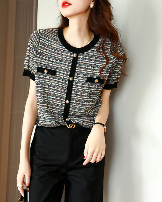 Chic Short-Sleeve Tweed Knit Top Short Sleeve Effortless Shirt