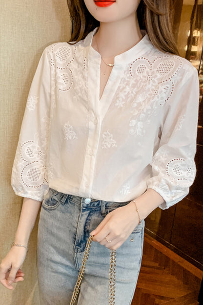 Women's V Neck Lace Tops 1/2 Sleeve Blouse - LAI MENG FIVE CATS