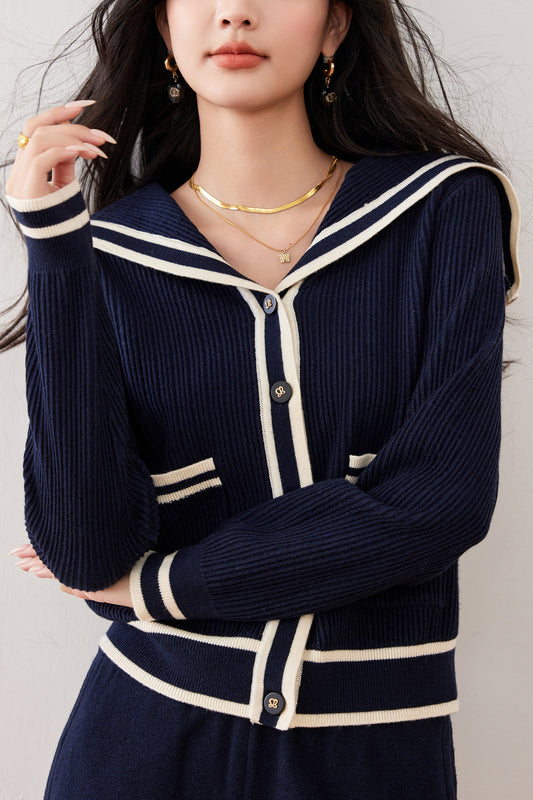 Women's Sailor Collar V-Neck Stripe Button Knit Top