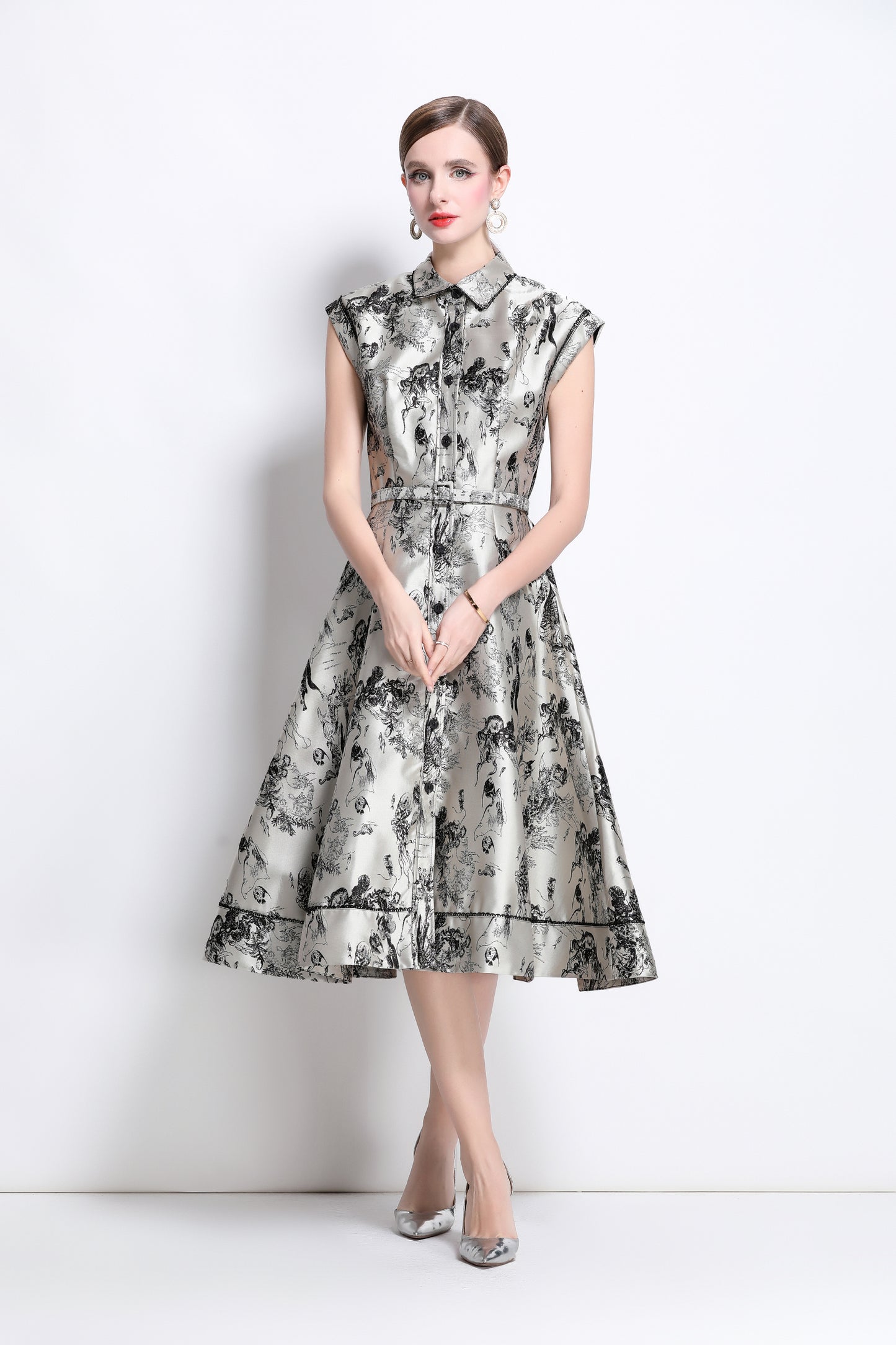 Women's Jacquard Cap Sleeve Button Rockabilly Dress