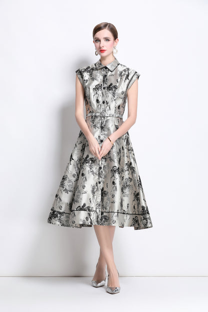 Women's Jacquard Cap Sleeve Button Rockabilly Dress