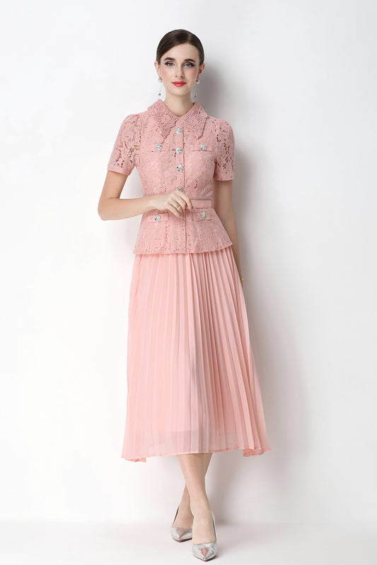 French Chic Lace Pleated Midi Dress with Belt