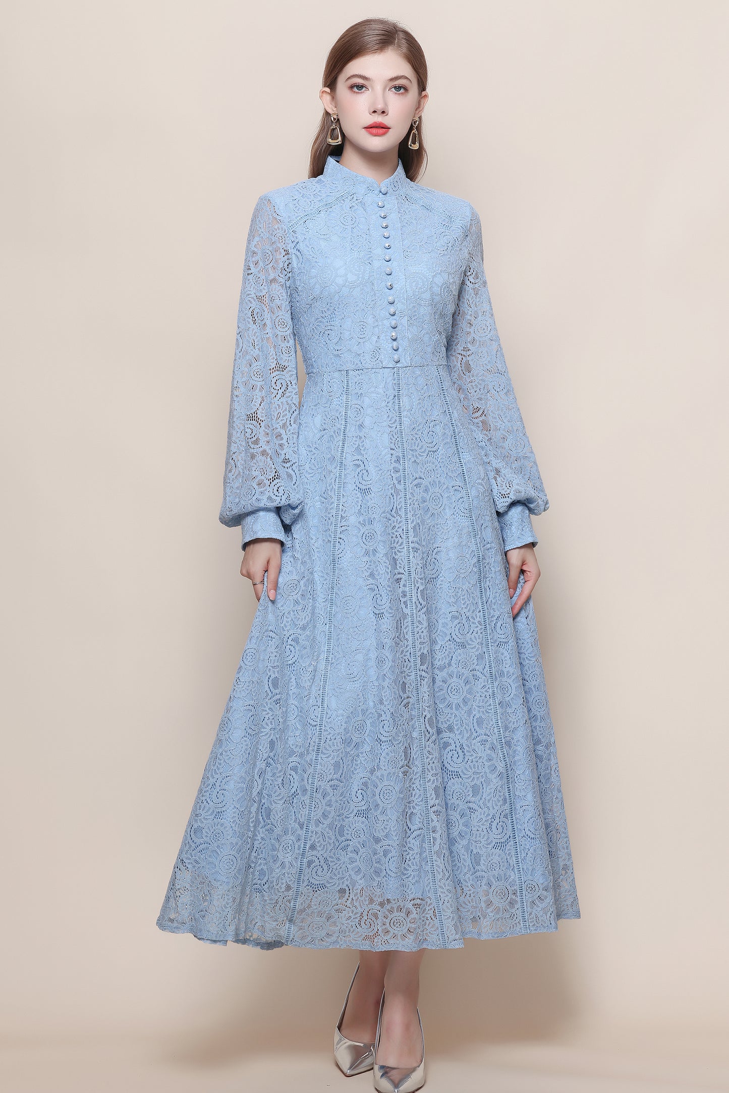 Women's Lace Mandarin Collar High Waist Maxi Dress - LAI MENG FIVE CATS