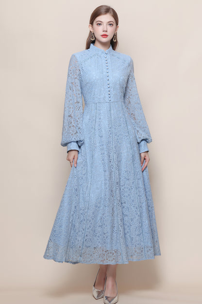 Women's Lace Mandarin Collar High Waist Maxi Dress - LAI MENG FIVE CATS