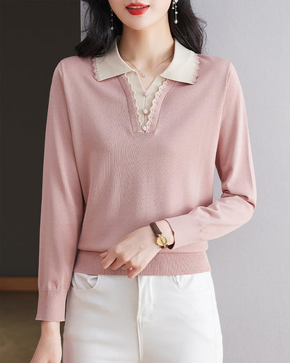 Women's Vintage Knit Top – Contrast Collar & Scalloped V-Neck