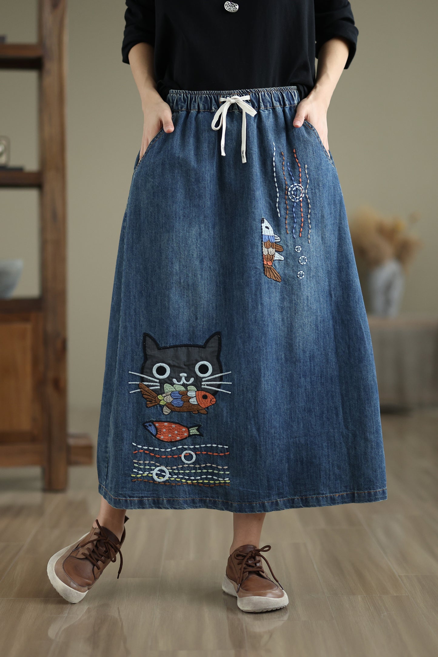 Women's Denim Drawstring Waist Pockets Jean Skirt