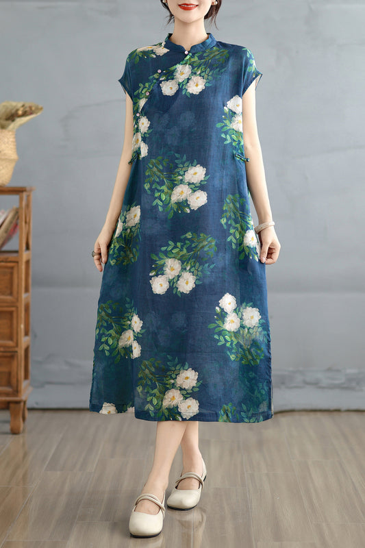 Women's Cheongsam Short Sleeve Pocket Qipao Midi Dress