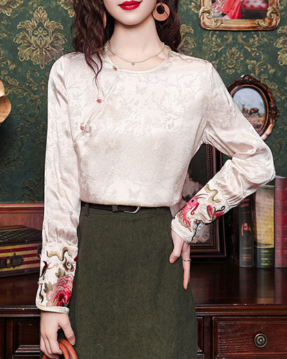 Elegant Chinese Style Jacquard Embroidered Blouse with Frog Buttons
