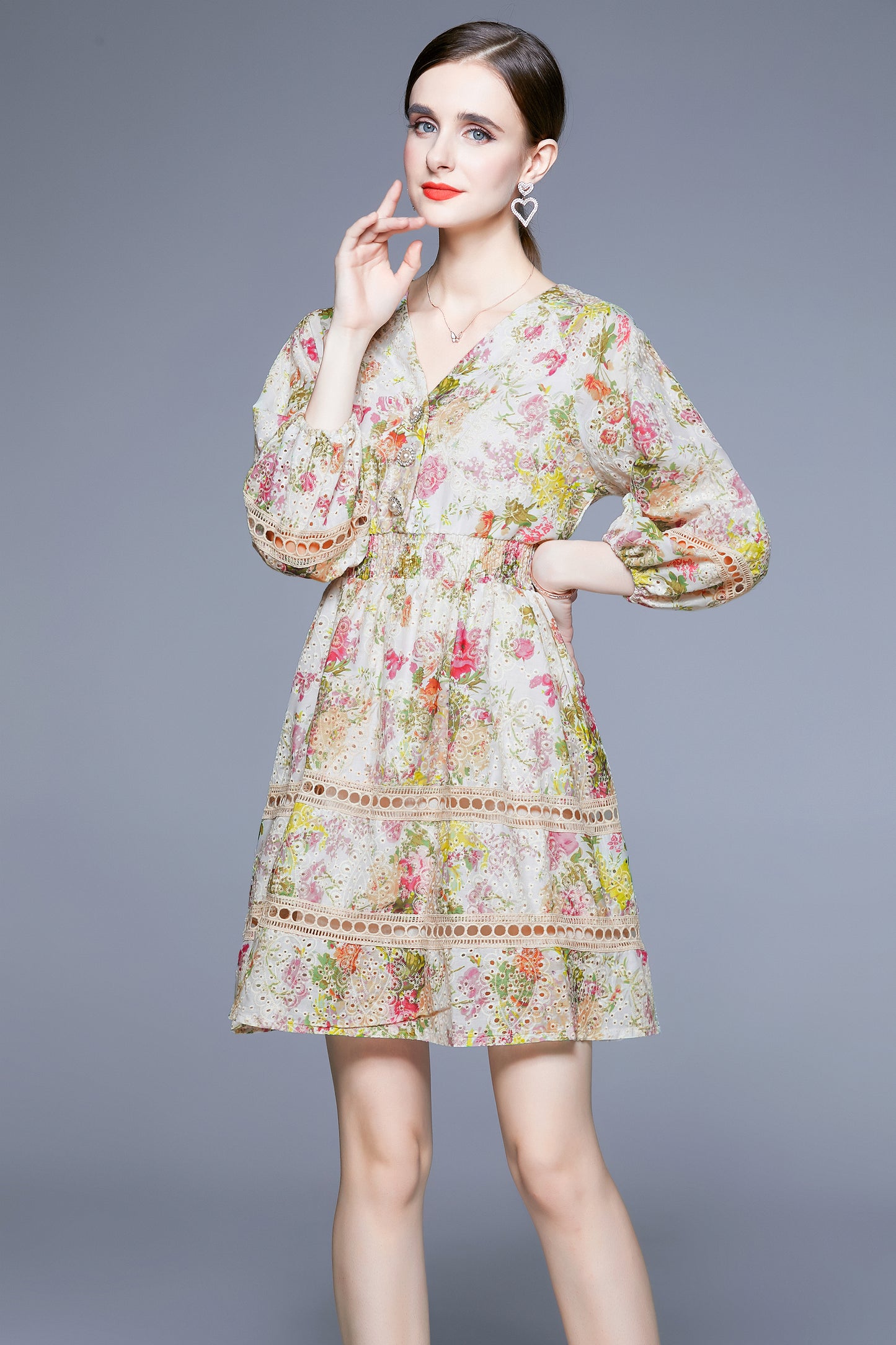 SSY-Women's V-Neck Floral Elastic Waist Button Mini Dress