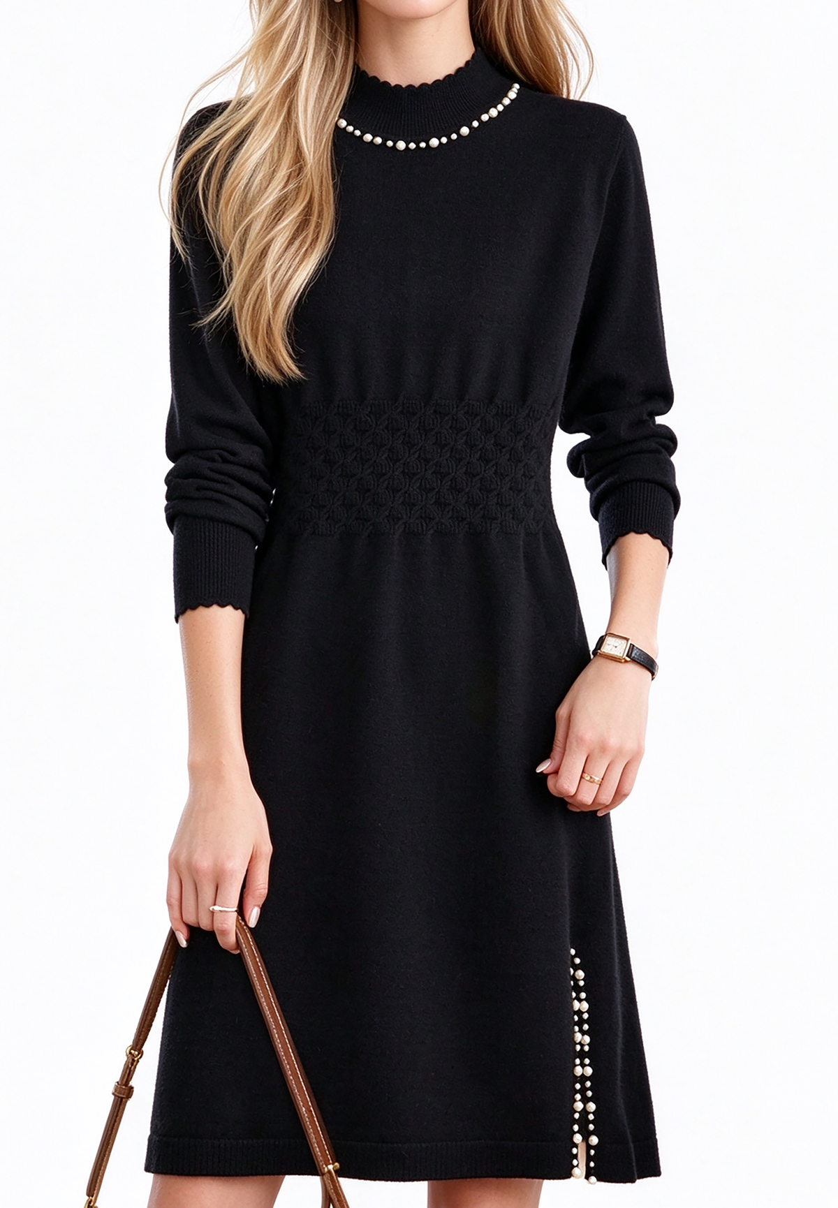28711 Mock Neck Knit Dress With Pearl Slit Detail - LAI MENG FIVE CATS