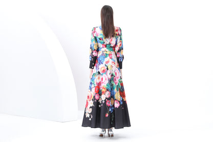 Women's Notch Lapels Puff Sleeve Print Maxi Dress