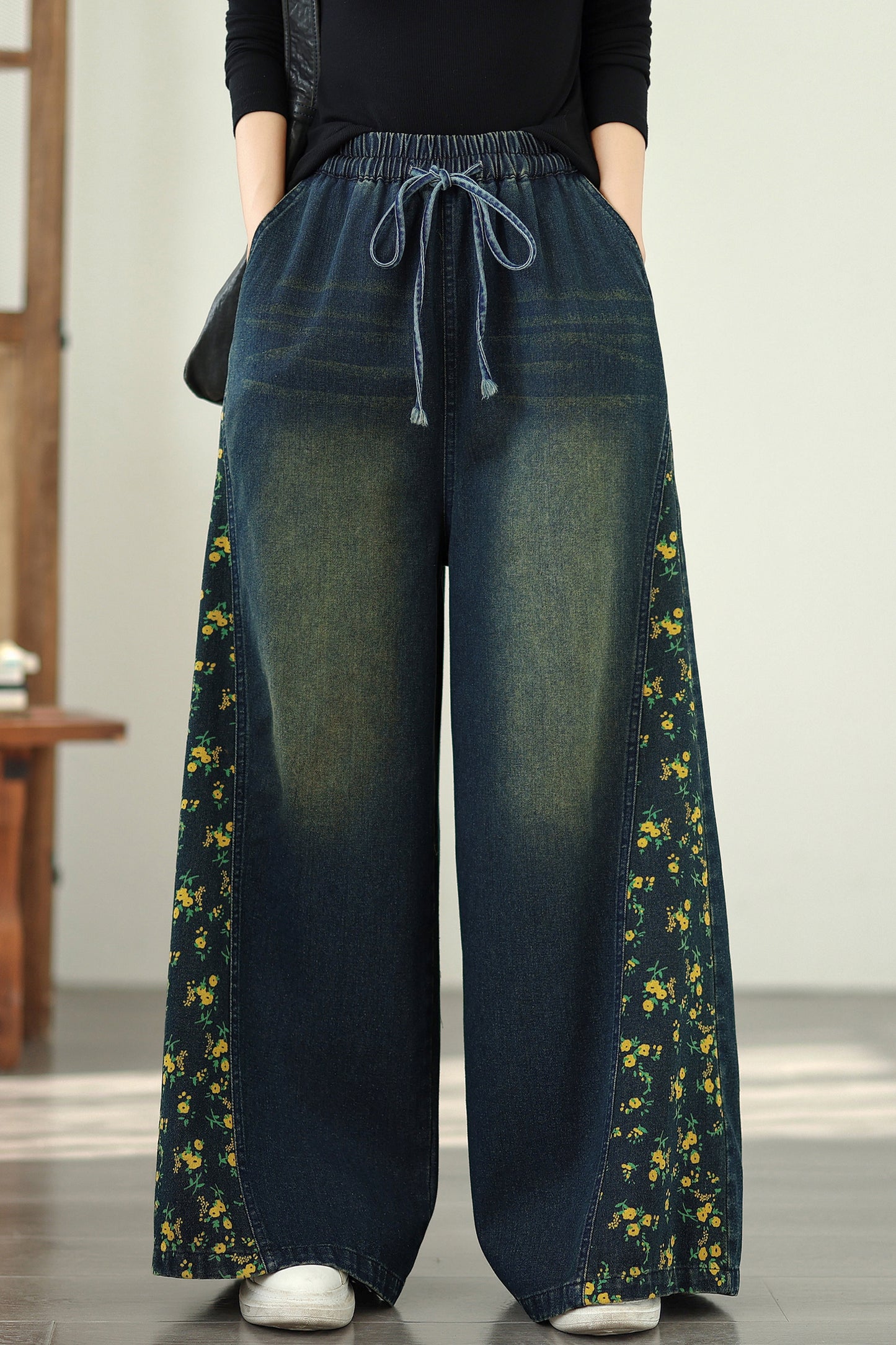 Women's Denim Wide Leg Baggy Jeans Drawstring Waist Pants - LAI MENG FIVE CATS