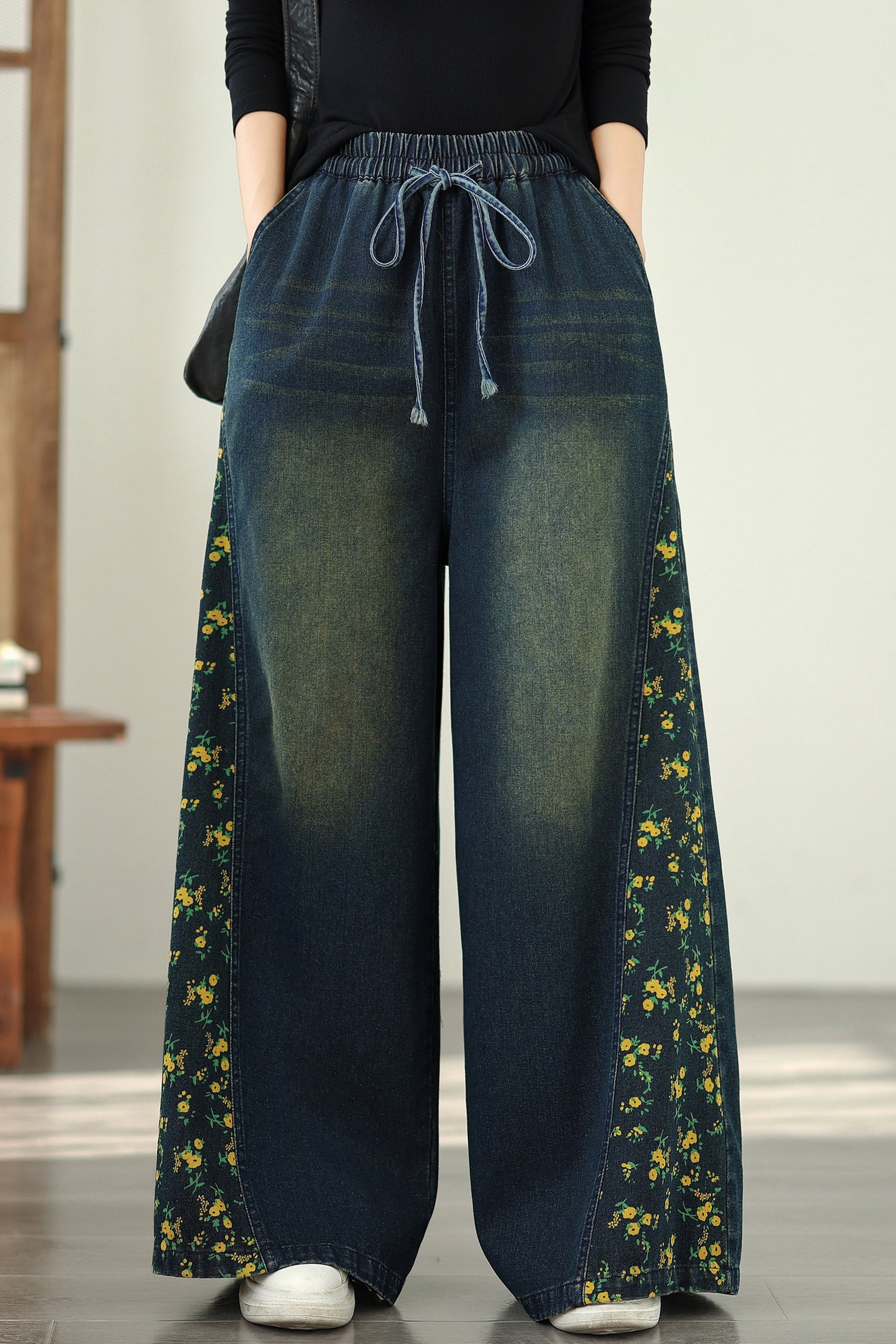 Women's Denim Wide Leg Baggy Jeans Drawstring Waist Pants - LAI MENG FIVE CATS