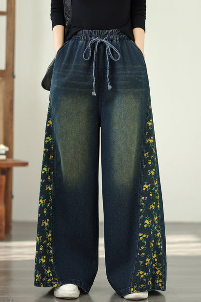 Women's Denim Wide Leg Baggy Jeans Drawstring Waist Pants - LAI MENG FIVE CATS