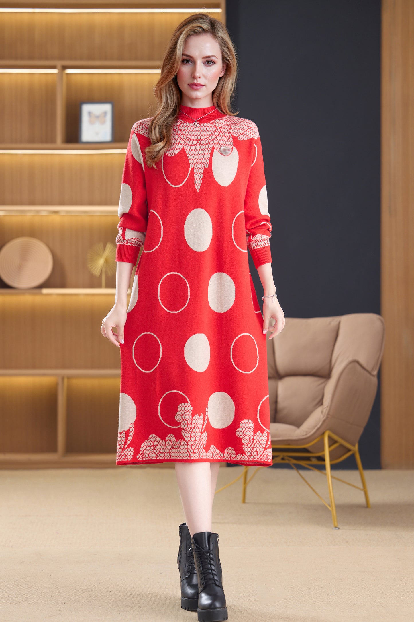 Women's Long Sleeve Stretch Sweater Knit Midi Dress