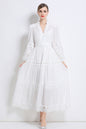 Women's Lace V-Neck Lantern Sleeve Pleated Maxi Dress