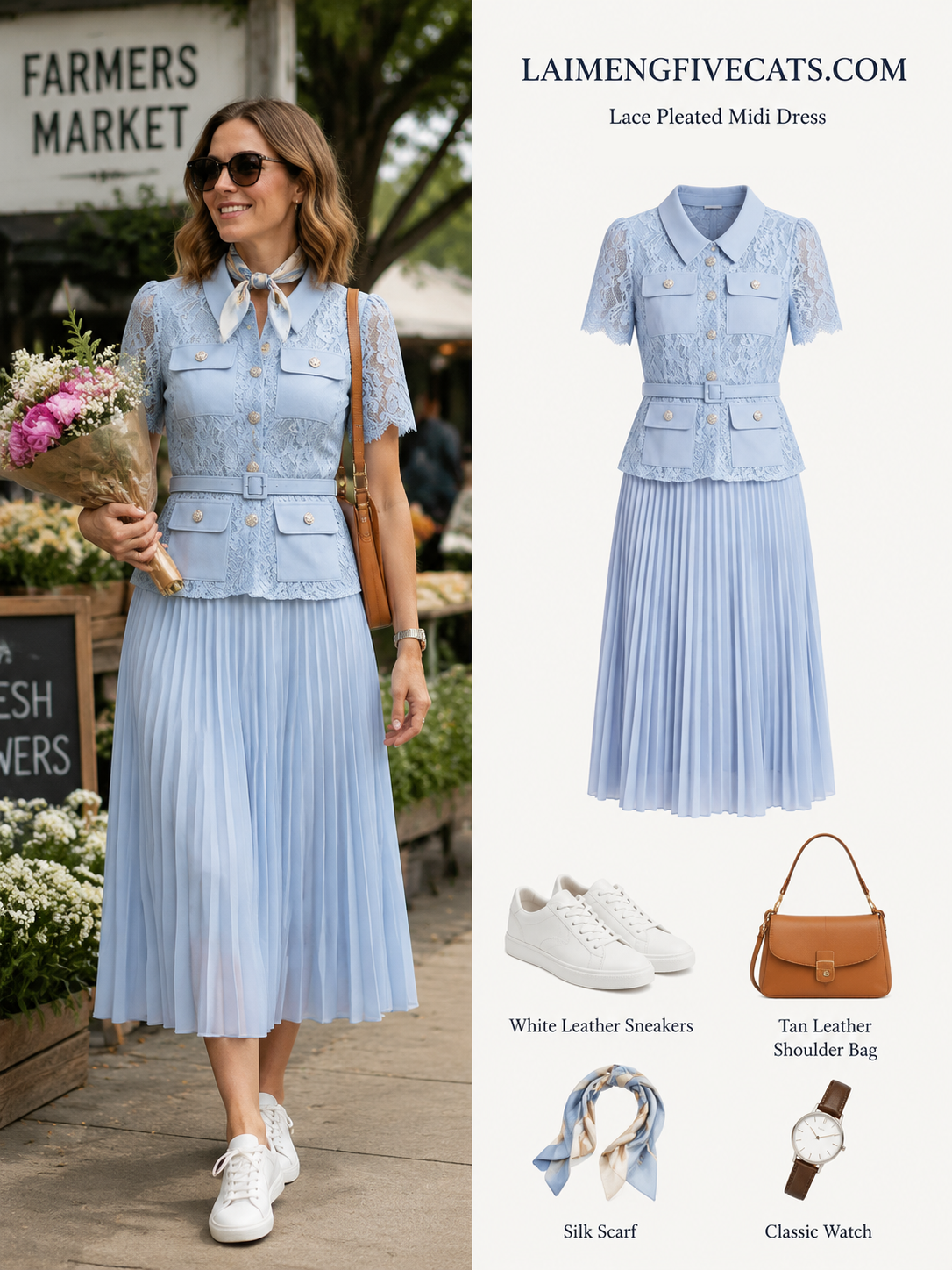 Lace Pleated Midi Dress | Elegant Collared Belted Dress for Women