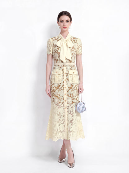 Butter Yellow Tie Neck Lace Button Up Midi Dress