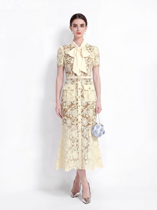 Butter Yellow Tie Neck Lace Button Up Midi Dress