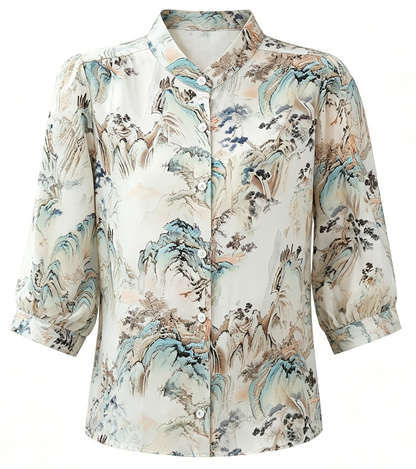 Landscape Print Mandarin Collar Blouse – Airy Luxe Summer Shirt