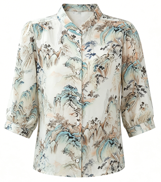 Landscape Print Mandarin Collar Blouse – Airy Luxe Summer Shirt - LAI MENG FIVE CATS