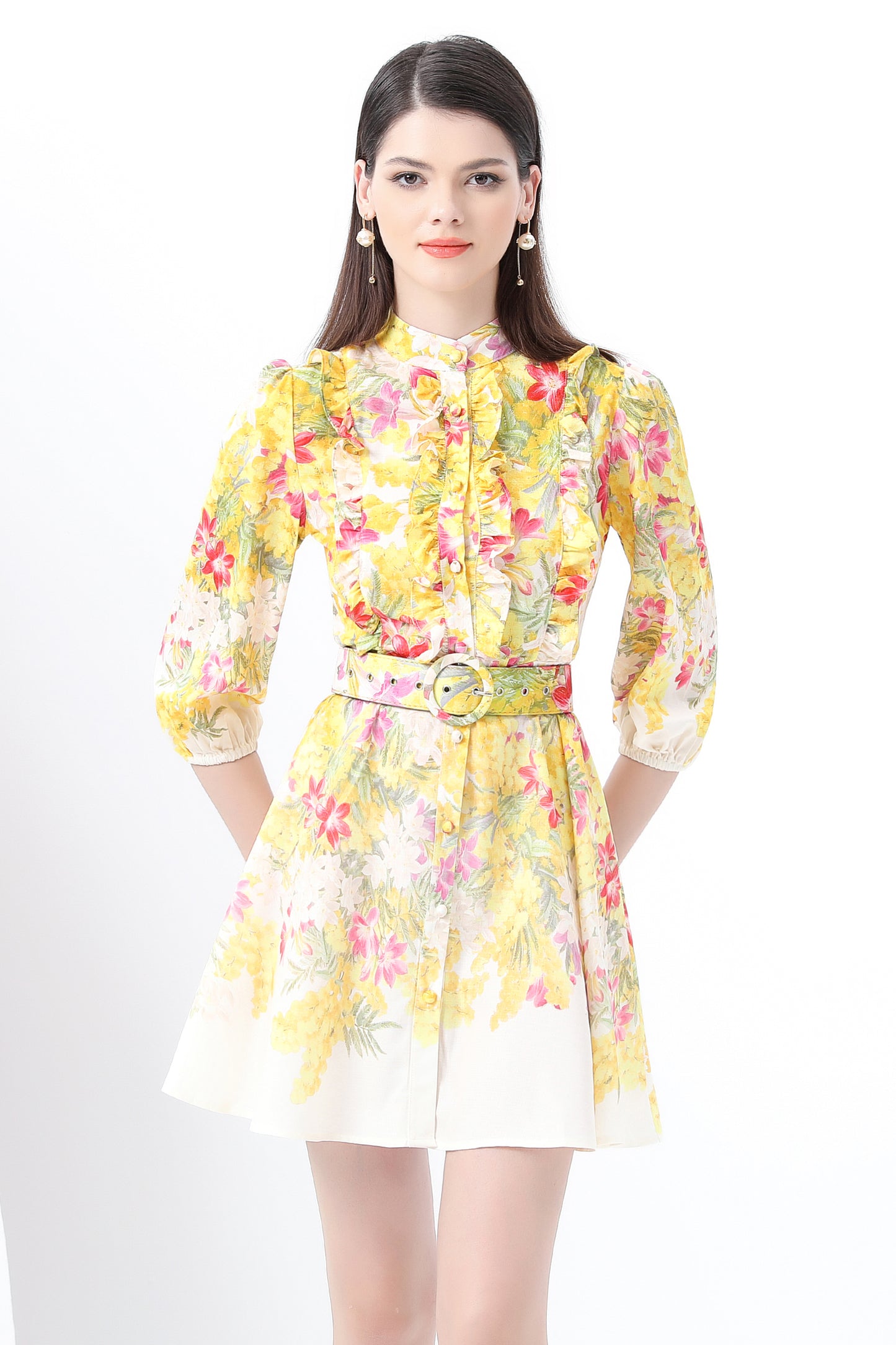 Women's Floral Print Lantern Sleeve Ruffle Mini Dress