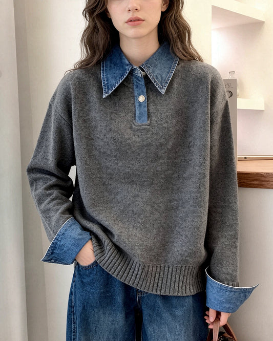 Denim Collar Color-Block Knit Sweater – Faux Two-Piece Long Sleeve Top - LAI MENG FIVE CATS
