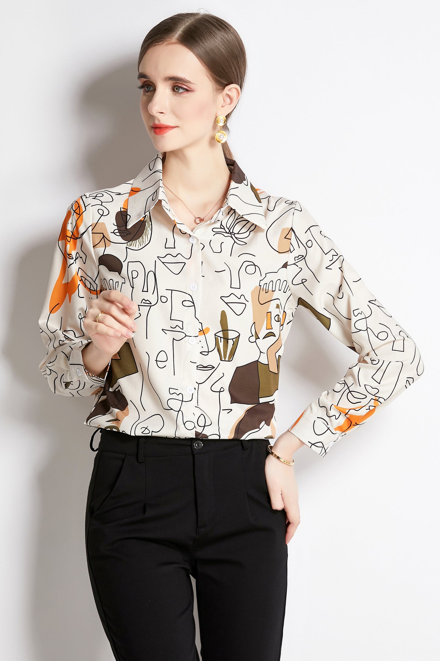 ESY-Women's Long Sleeve Lapel Collar Print Button Blouse