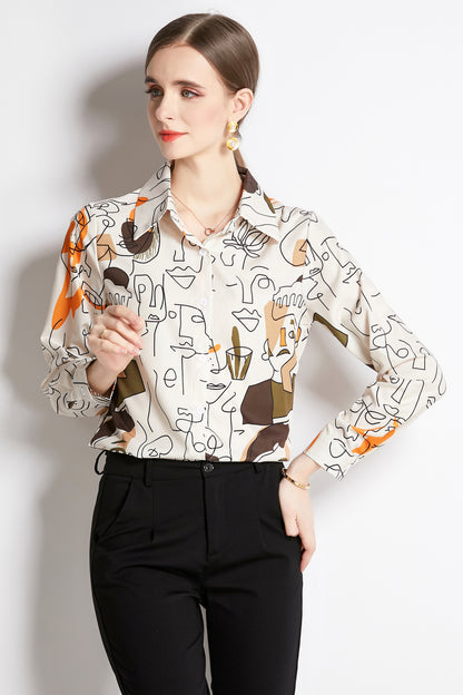ESY-Women's Long Sleeve Lapel Collar Print Button Blouse