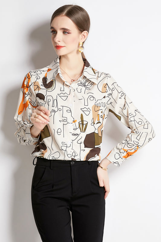 ESY-Women's Long Sleeve Lapel Collar Print Button Blouse