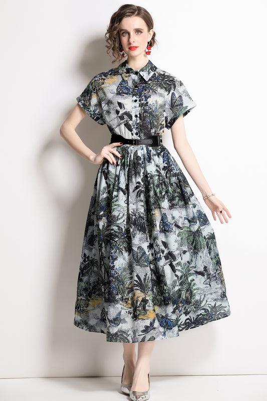 Women's Short Sleeves Collar Printed Midi Dress
