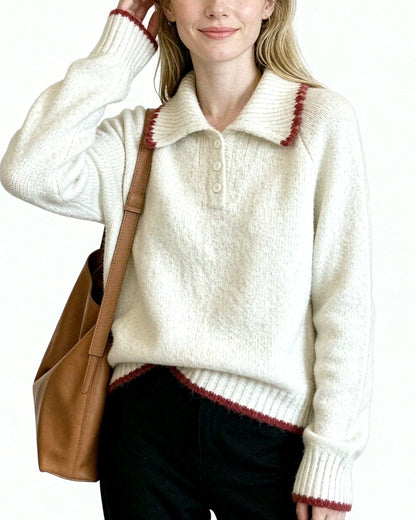 Contrast Trim Knit Polo Sweater | Soft Long Sleeve Pullover