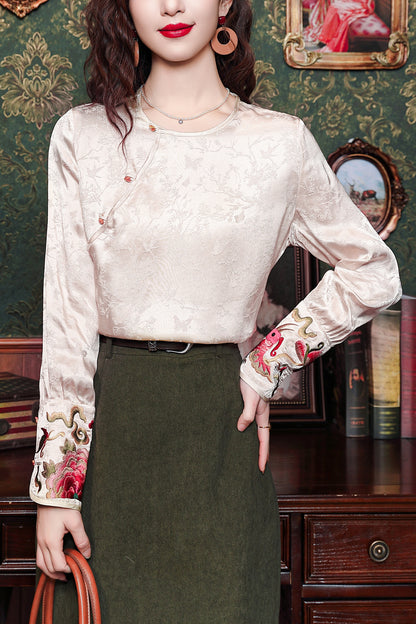 Women's Round Neck Jacquard Embroidery Blouses - LAI MENG FIVE CATS