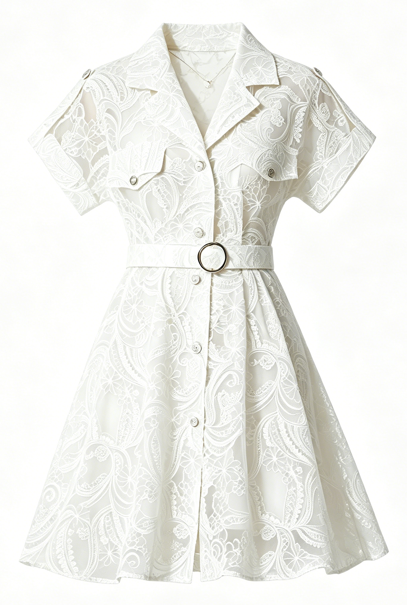 Lvory Lace Belted Shirt Dress With Belts