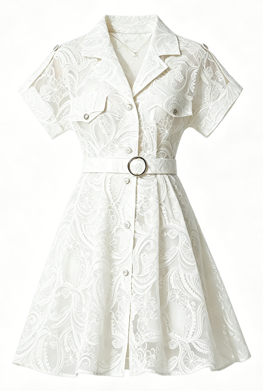 Lvory Lace Belted Shirt Dress With Belts