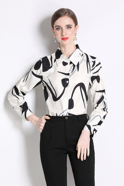 ESY-Women's Long Sleeve Lapel Collar Print Button Blouse