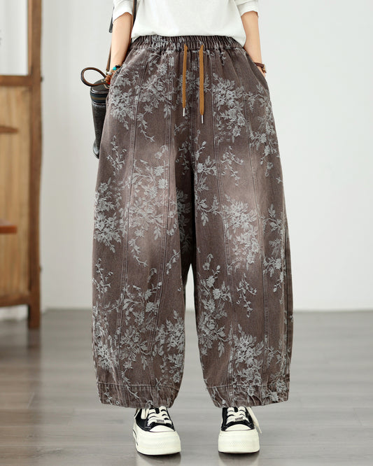 Vintage Floral Denim Harem Pants - Women's Boho Wide Leg Lantern Trousers