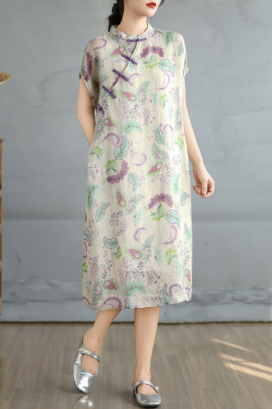 Women's Cheongsam Short Sleeve Pocket Qipao Midi Dress