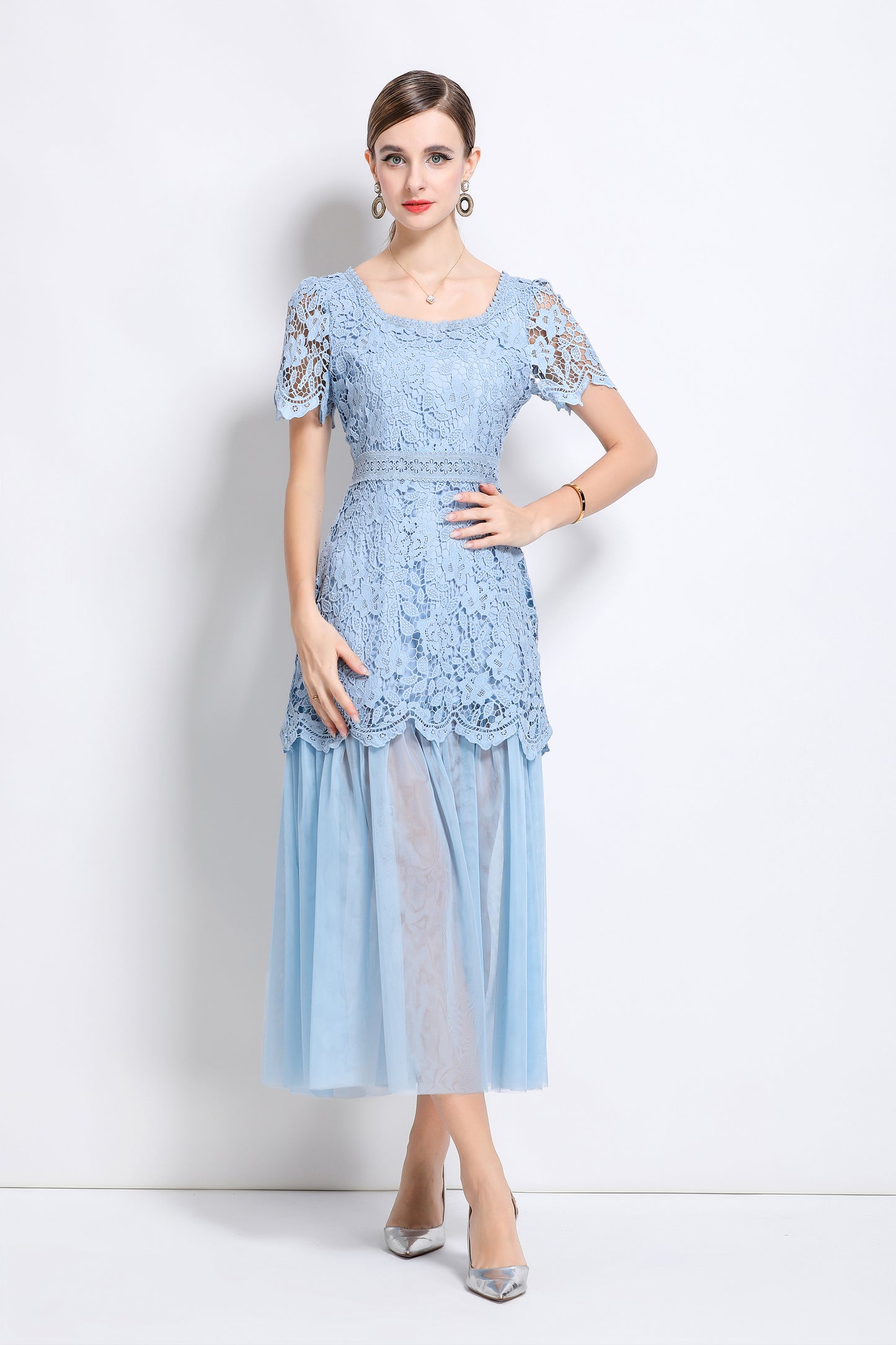 Elegant Feminine Blue Square Collar Lace&Mesh Midi Dress