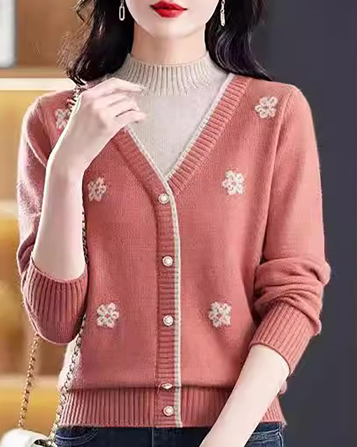 Floral Embroidered V-Neck Knit Sweater Pullover Top Fall Layered