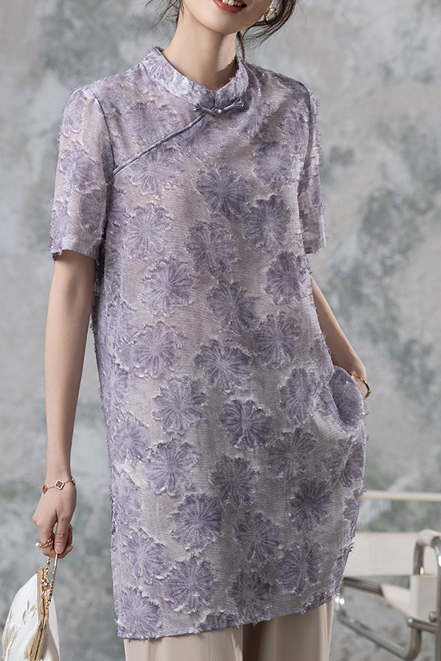 Women's Short Sleeve Button Print Qipao Satin Blouse