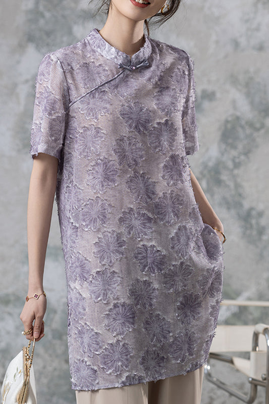 Women's Short Sleeve Button Print Qipao Satin Blouse