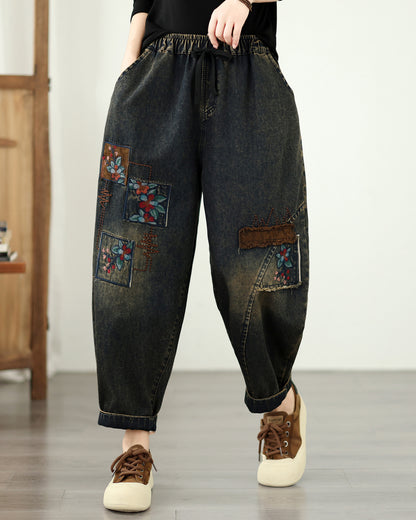 Vintage Embroidered Patchwork Denim Harem Pants
